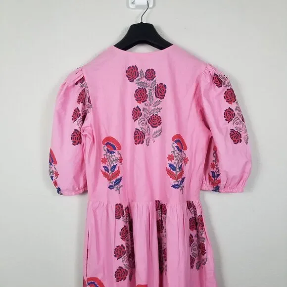 Oliphant Tuckernuck Boca Pink Puff Sleeve Midi Cotton Block Print Dress Size S - Picture 12 of 15